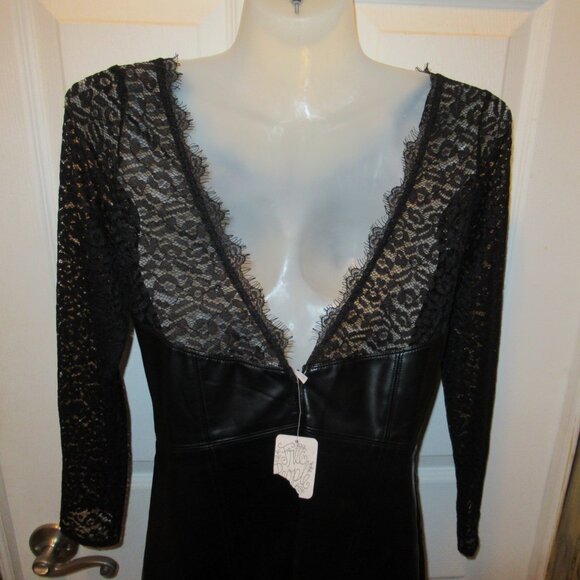 Free People Small NWT Colleen Faux Leather Lace Mini Dress Black Pleather Vegan - Picture 5 of 16